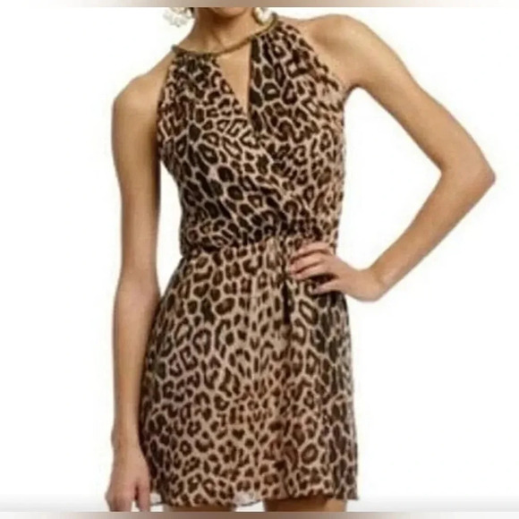 Parker 100% Silk Chain Collar Halter Mini Dress, Black & Tan Leopard Print, EUC! - Picture 1 of 10